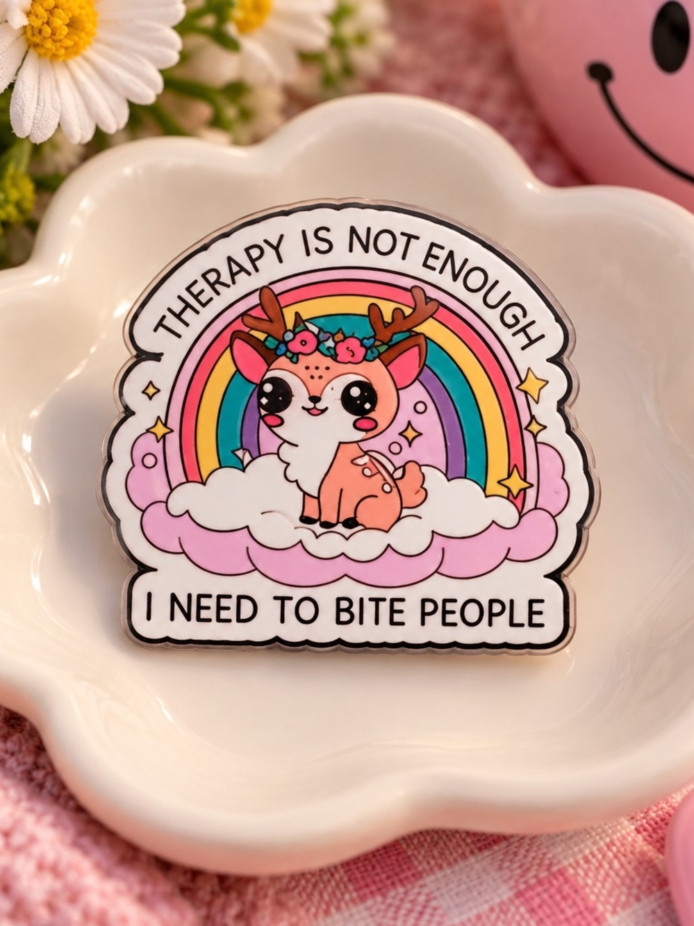 Cute Pink Deer Rainbow Collectible Pin – Therapy Is Not Enough - New